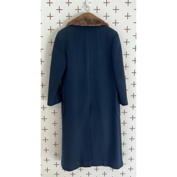 Vintage Harvè Bernard Long Navy Wool Coat with Brown Faux Fur Collar - Picture 3 of 6
